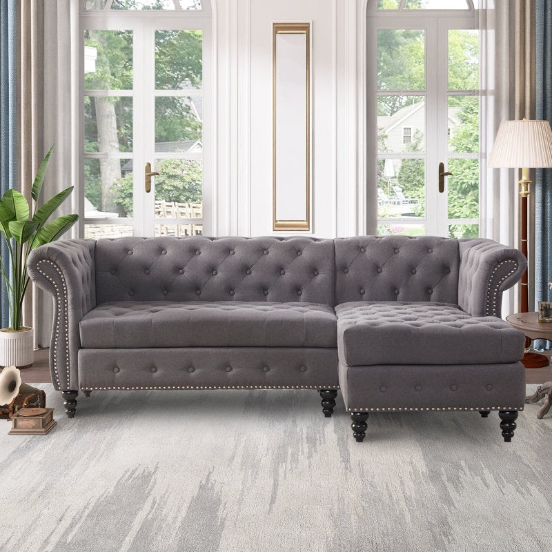 Premium Chesterfield Chaise Sofa | Custom L-Shape Tufted Upholstered Couch | Luxury Living Room Seating | J.L.HOME DECOR