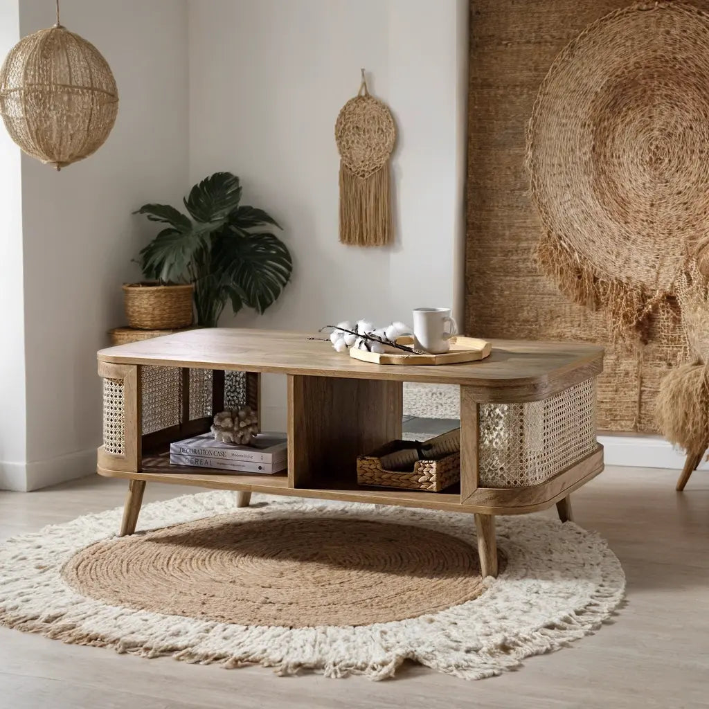 Curved Rattan & Solid Wood Coffee Table | Natural Finish | Storage Drawer | Mid-Century Modern Living Room Furniture | J.L.HOME DECOR Coffee Table  Accent Table jlhomedecor2021.myshopify.com