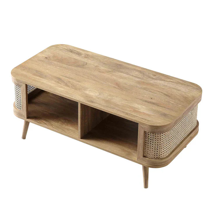 Curved Rattan & Solid Wood Coffee Table | Natural Finish | Storage Drawer | Mid-Century Modern Living Room Furniture | J.L.HOME DECOR