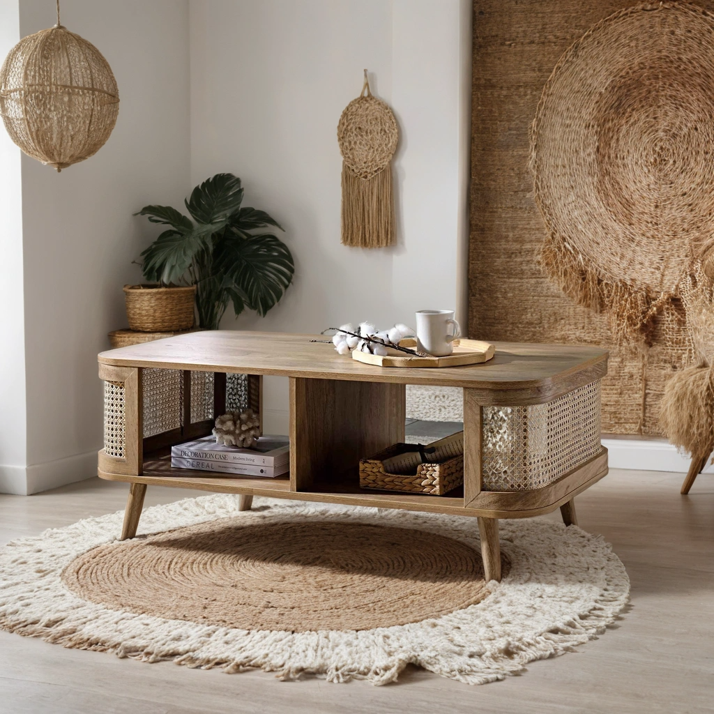Curved Rattan & Solid Wood Coffee Table | Natural Finish | Storage Drawer | Mid-Century Modern Living Room Furniture | J.L.HOME DECOR
