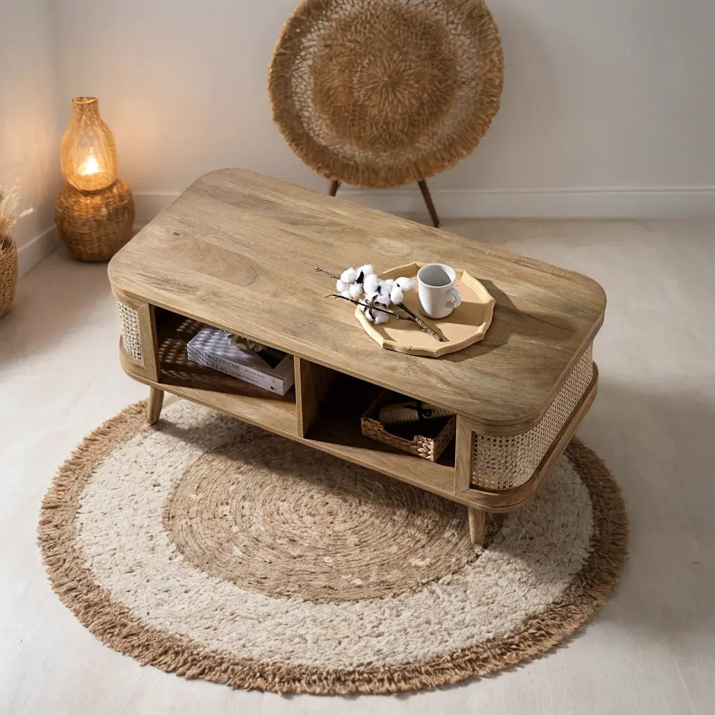 Curved Rattan & Solid Wood Coffee Table | Natural Finish | Storage Drawer | Mid-Century Modern Living Room Furniture | J.L.HOME DECOR Coffee Table  Accent Table jlhomedecor2021.myshopify.com