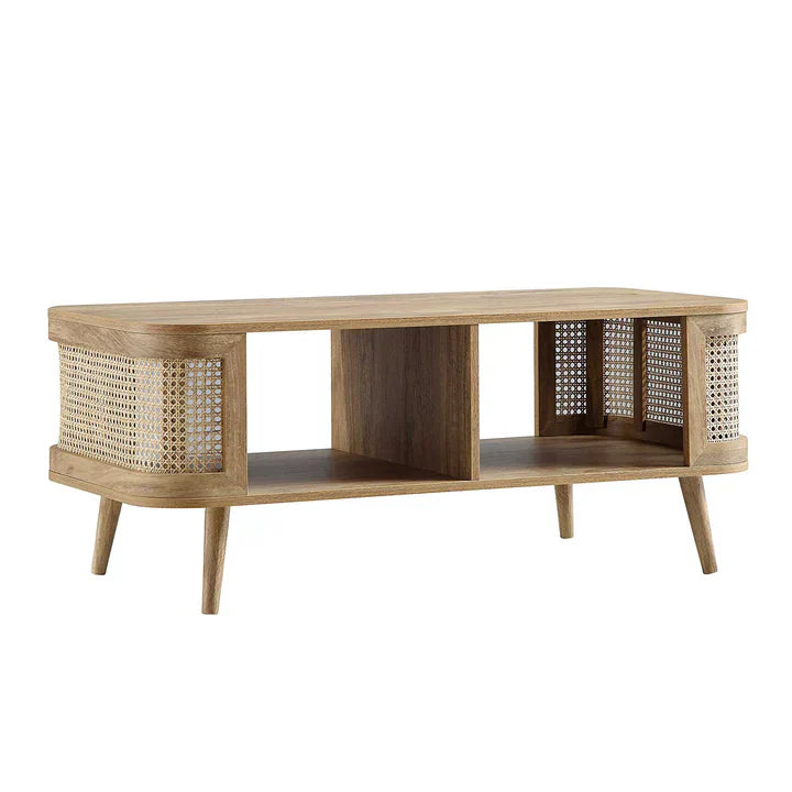 Curved Rattan & Solid Wood Coffee Table | Natural Finish | Storage Drawer | Mid-Century Modern Living Room Furniture | J.L.HOME DECOR