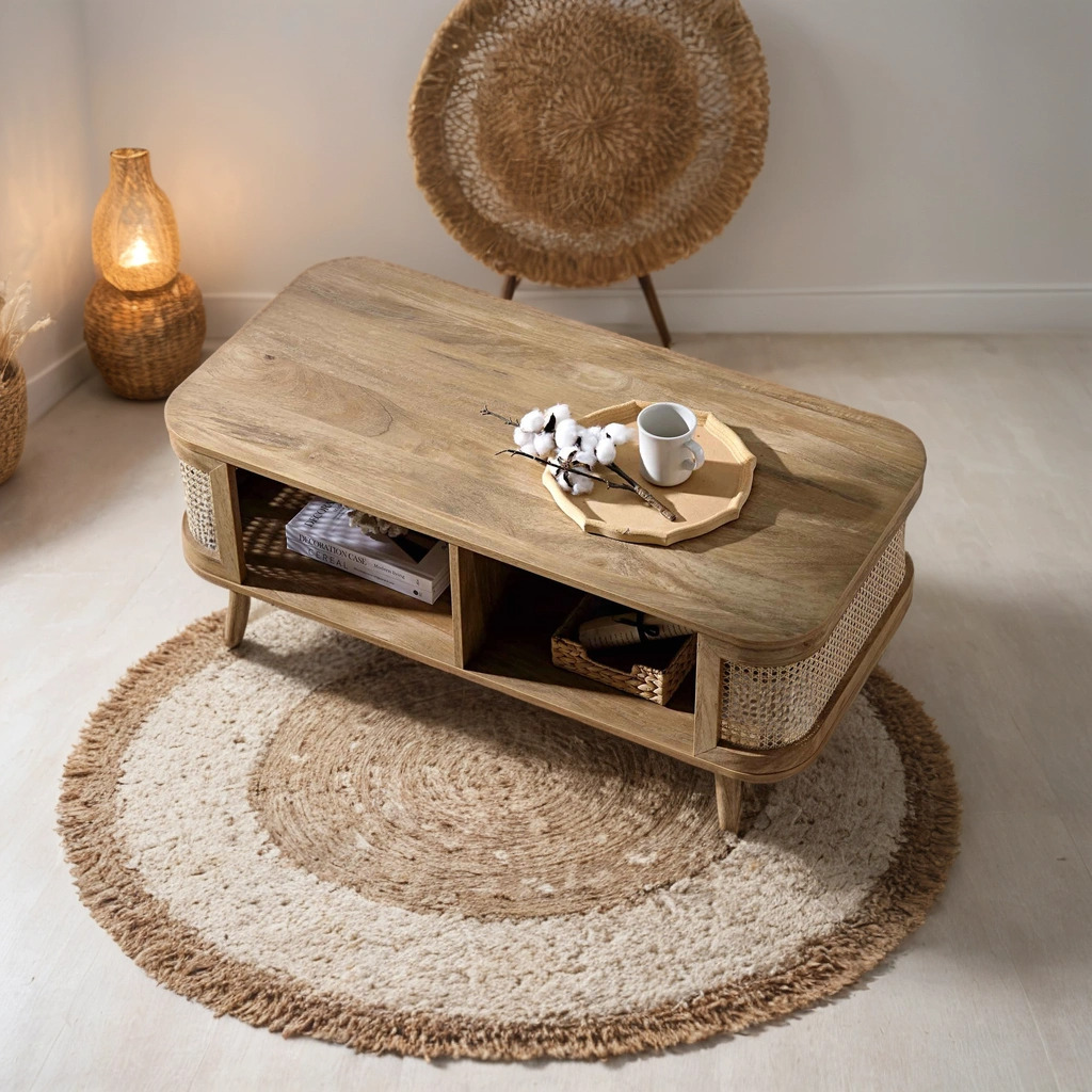 Curved Rattan & Solid Wood Coffee Table | Natural Finish | Storage Drawer | Mid-Century Modern Living Room Furniture | J.L.HOME DECOR