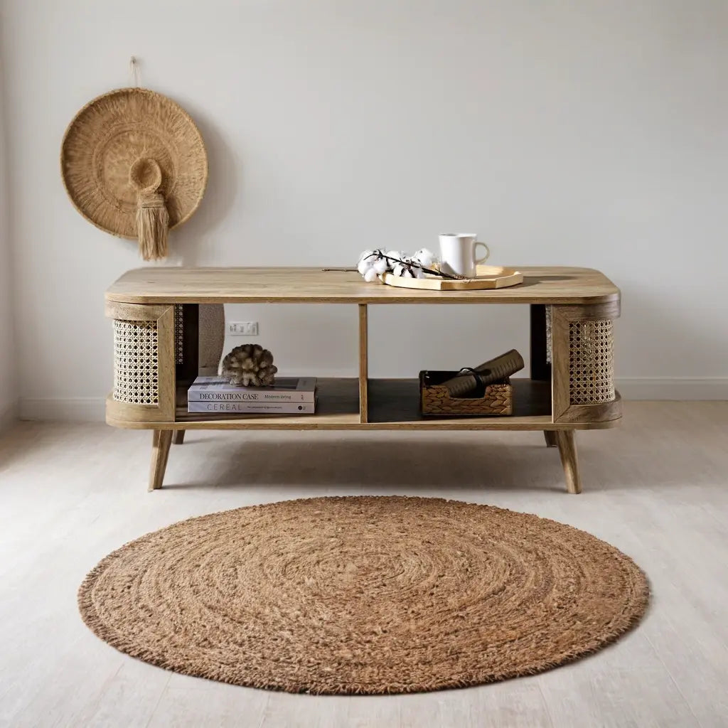 Curved Rattan & Solid Wood Coffee Table | Natural Finish | Storage Drawer | Mid-Century Modern Living Room Furniture | J.L.HOME DECOR Coffee Table  Accent Table jlhomedecor2021.myshopify.com