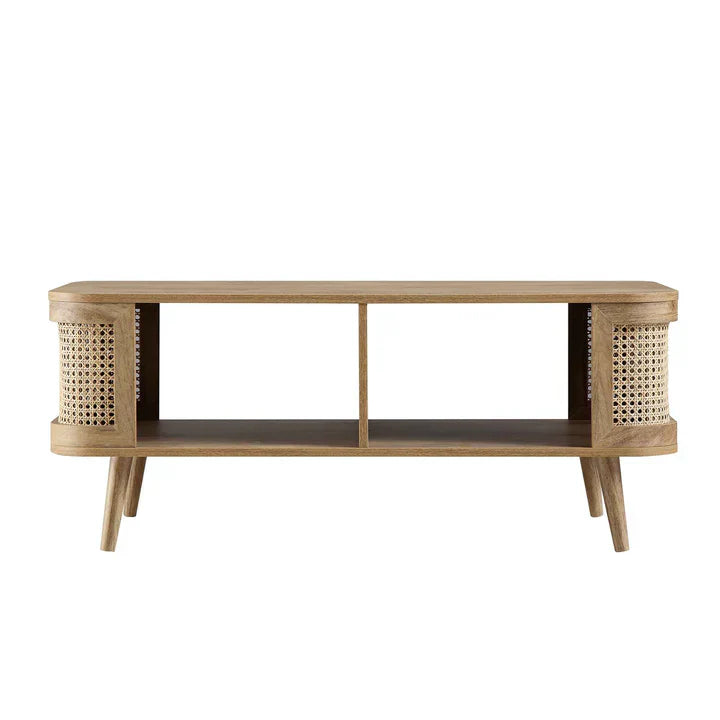 Curved Rattan & Solid Wood Coffee Table | Natural Finish | Storage Drawer | Mid-Century Modern Living Room Furniture | J.L.HOME DECOR
