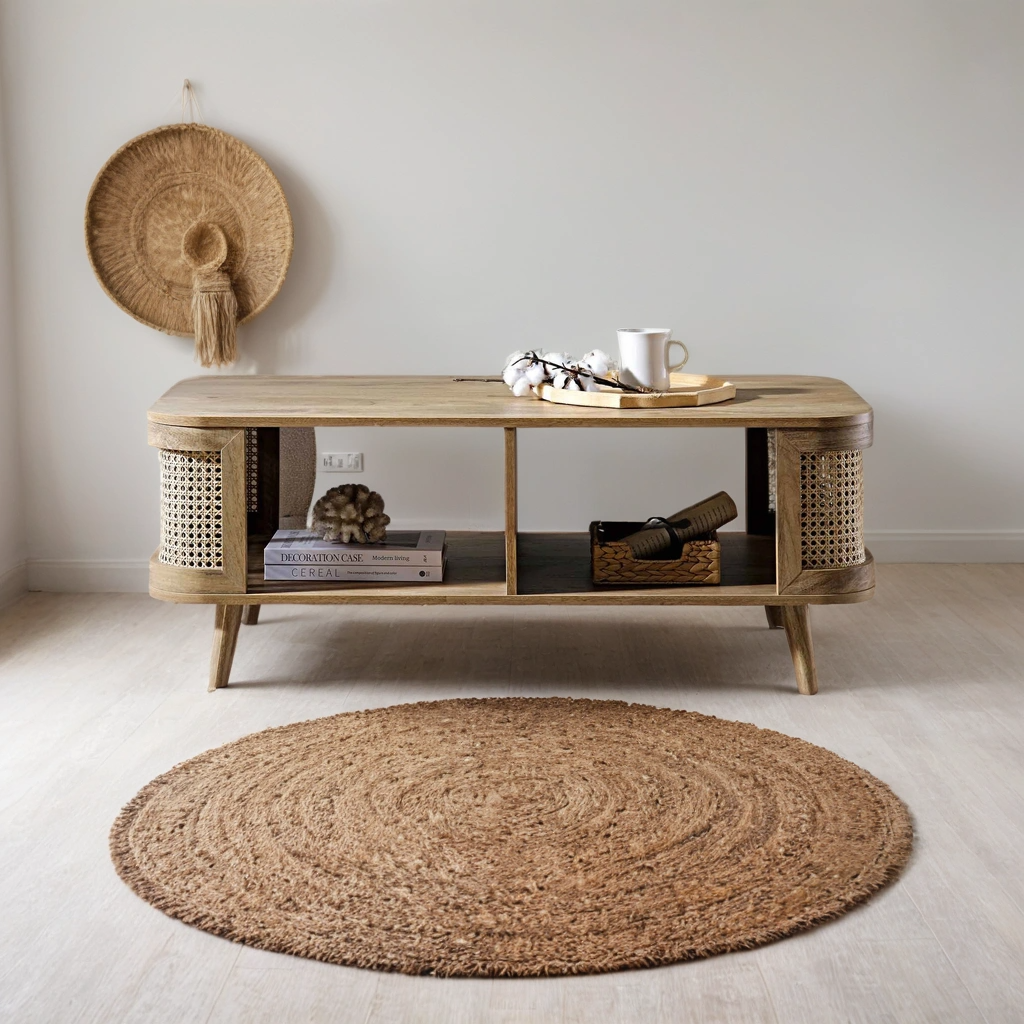 Curved Rattan & Solid Wood Coffee Table | Natural Finish | Storage Drawer | Mid-Century Modern Living Room Furniture | J.L.HOME DECOR