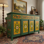 hand painted sideboard, solid wood sideboard, floral sideboard, folk art sideboard, green sideboard, painted cabinet, storage sideboard, bohemian sideboard, colorful sideboard, accent cabinet, living room storage, hallway cabinet, dining room cabinet, bedroom storage, statement sideboard, handmade sideboard, artisan made cabinet, premium wood furniture, quality furniture, durable cabinet, sturdy sideboard, timeless furniture, elegant sideboard, unique cabinet, decorative sideboard, focal piece cabinet, hand