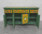 hand painted sideboard, solid wood sideboard, floral sideboard, folk art sideboard, green sideboard, painted cabinet, storage sideboard, bohemian sideboard, colorful sideboard, accent cabinet, living room storage, hallway cabinet, dining room cabinet, bedroom storage, statement sideboard, handmade sideboard, artisan made cabinet, premium wood furniture, quality furniture, durable cabinet, sturdy sideboard, timeless furniture, elegant sideboard, unique cabinet, decorative sideboard, focal piece cabinet, hand