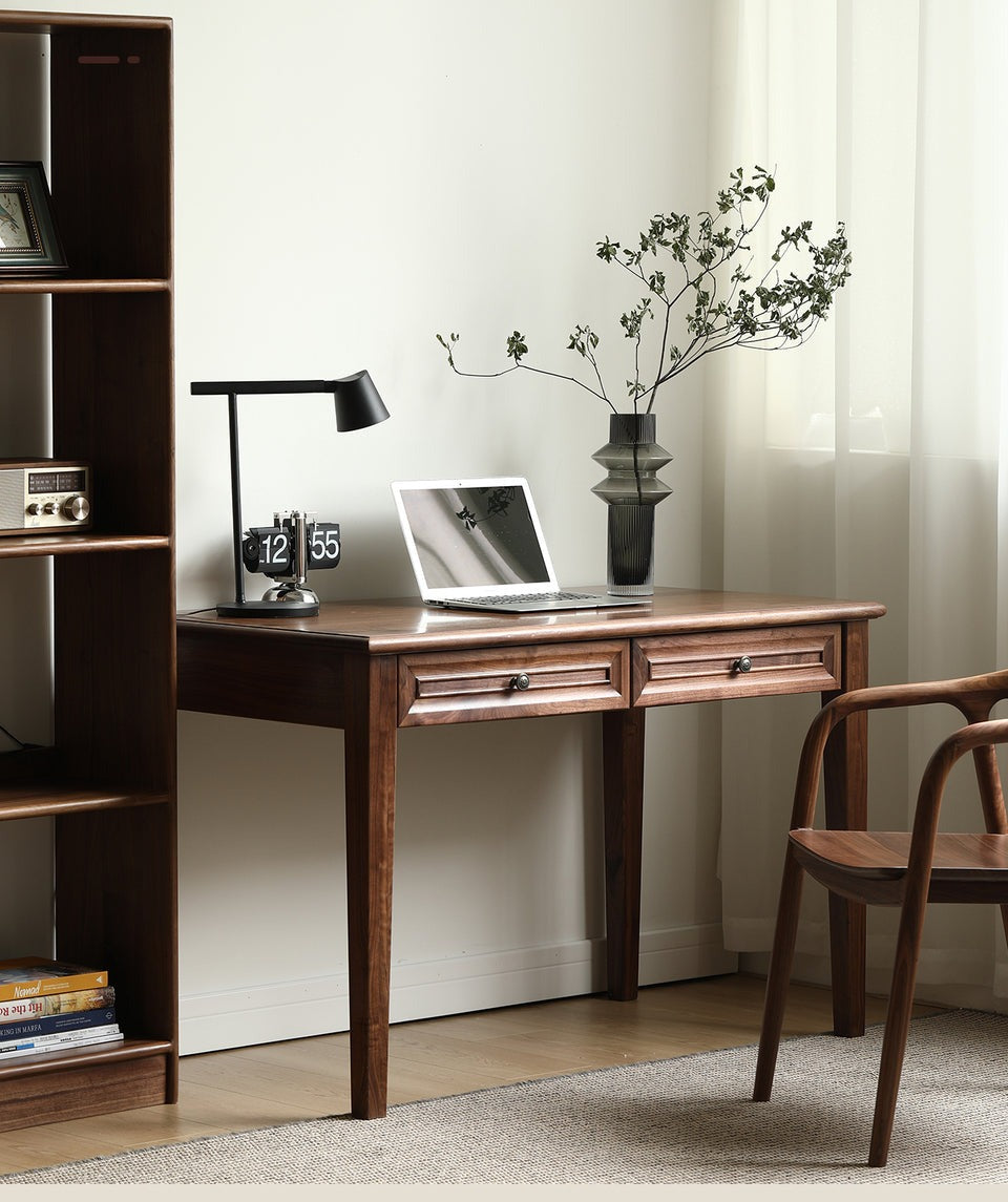 Acacia Wood 2-Drawer Writing Desk | Modern Console Table | Solid Wood Home Office Desk | Dark Finish | J.L.HOME DECOR