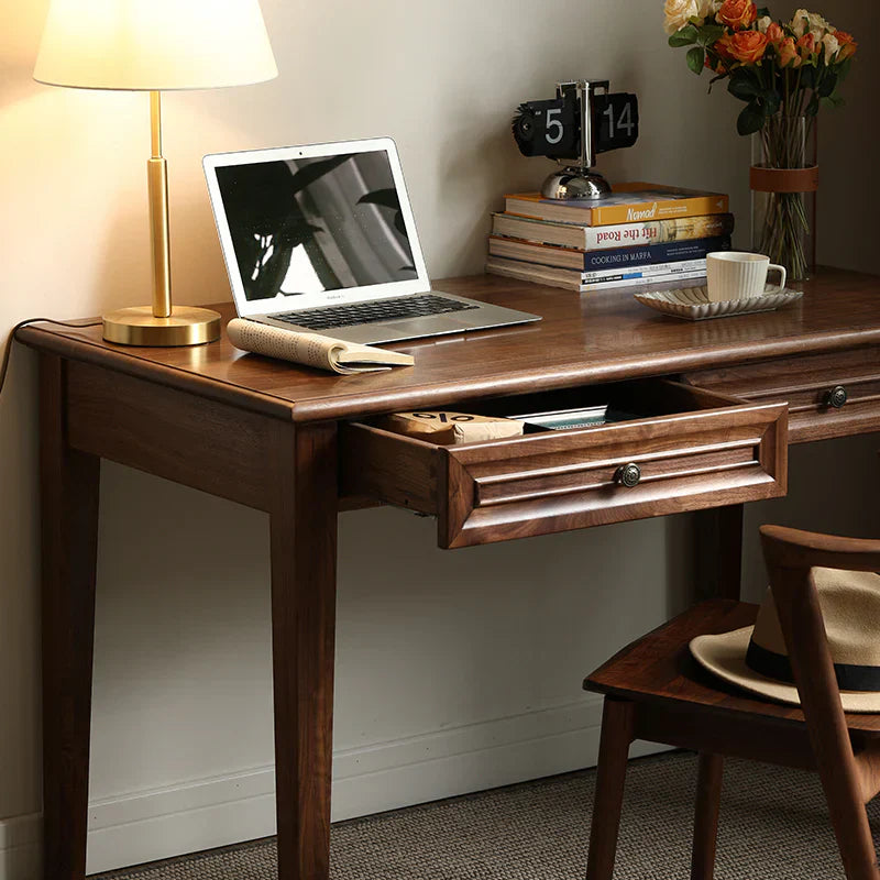 Acacia Wood 2-Drawer Writing Desk | Modern Console Table | Solid Wood Home Office Desk | Dark Finish | J.L.HOME DECOR