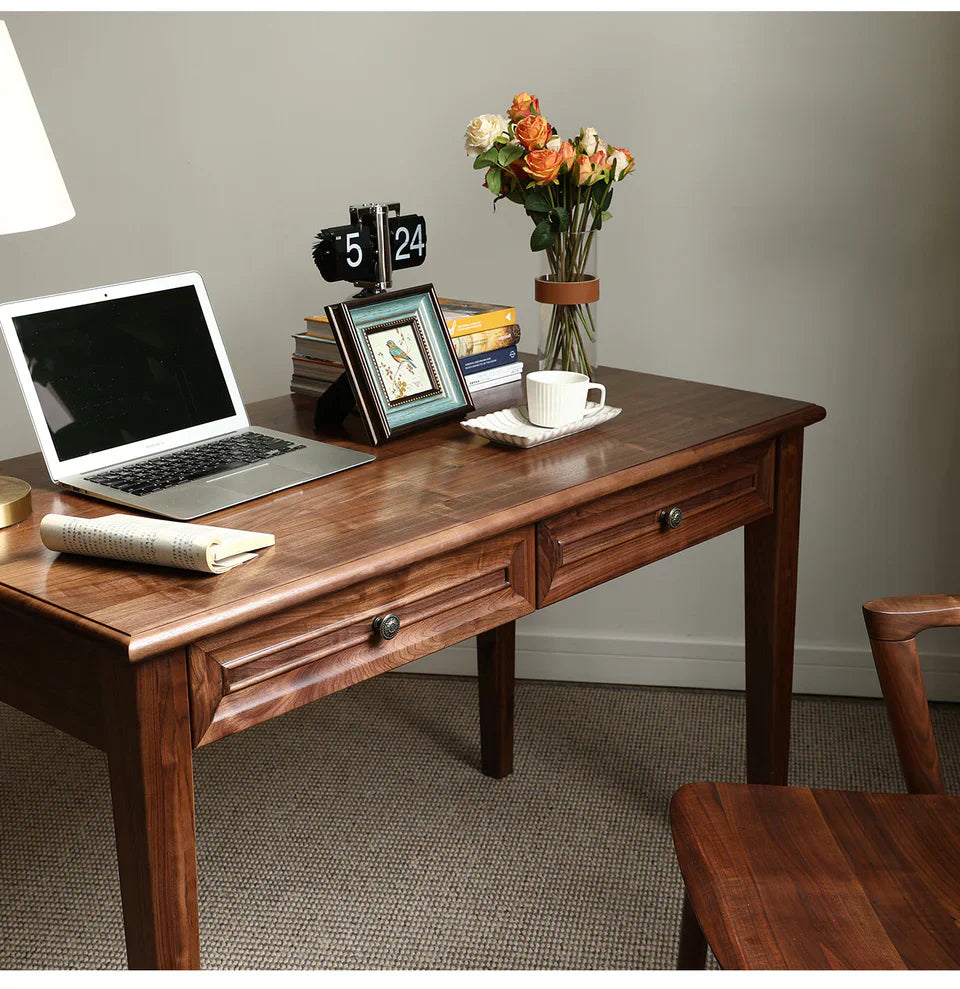 Acacia Wood 2-Drawer Writing Desk | Modern Console Table | Solid Wood Home Office Desk | Dark Finish | J.L.HOME DECOR