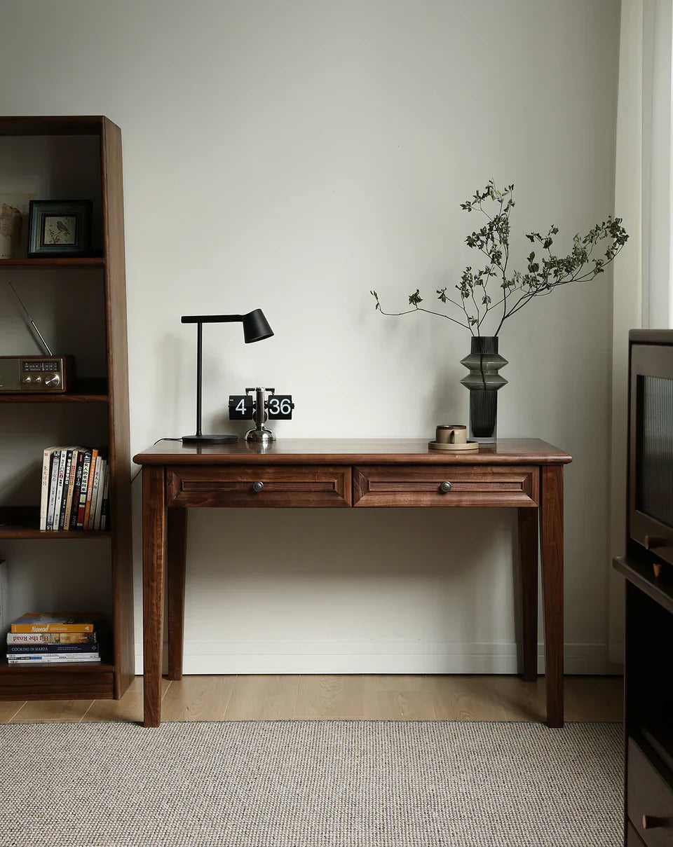 Acacia Wood 2-Drawer Writing Desk | Modern Console Table | Solid Wood Home Office Desk | Dark Finish | J.L.HOME DECOR