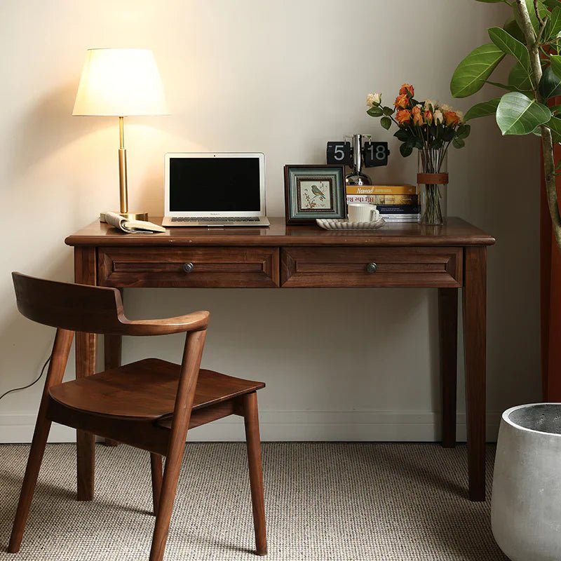 Acacia Wood 2-Drawer Writing Desk | Modern Console Table | Solid Wood Home Office Desk | Dark Finish | J.L.HOME DECOR