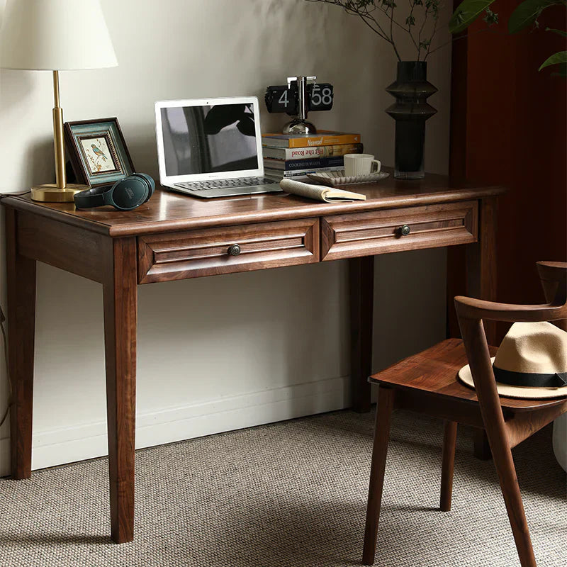 Acacia Wood 2-Drawer Writing Desk | Modern Console Table | Solid Wood Home Office Desk | Dark Finish | J.L.HOME DECOR