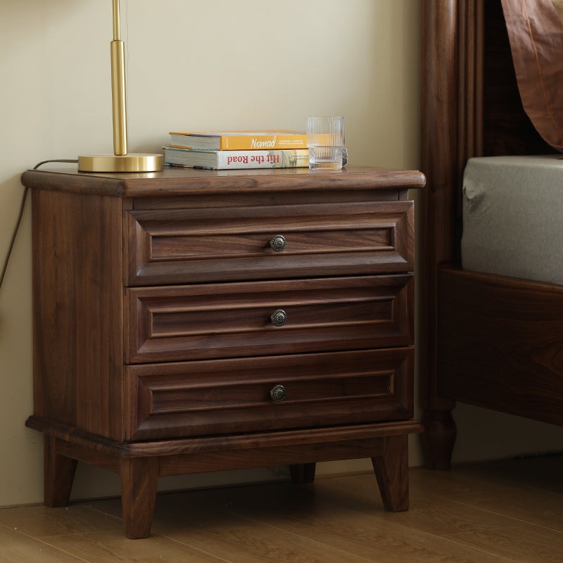 Classic Acacia Wood 3-Drawer Nightstand | Solid Wood Bedside Table | Dark Finish Bedroom Furniture | J.L.HOME DECOR