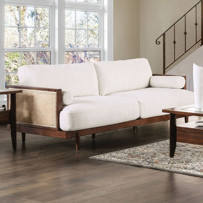 Modern Wooden Rattan Sofa | Handcrafted Cane & Wood Upholstered Couch | Mid-Century Living Room Seating | J.L.HOME DECOR