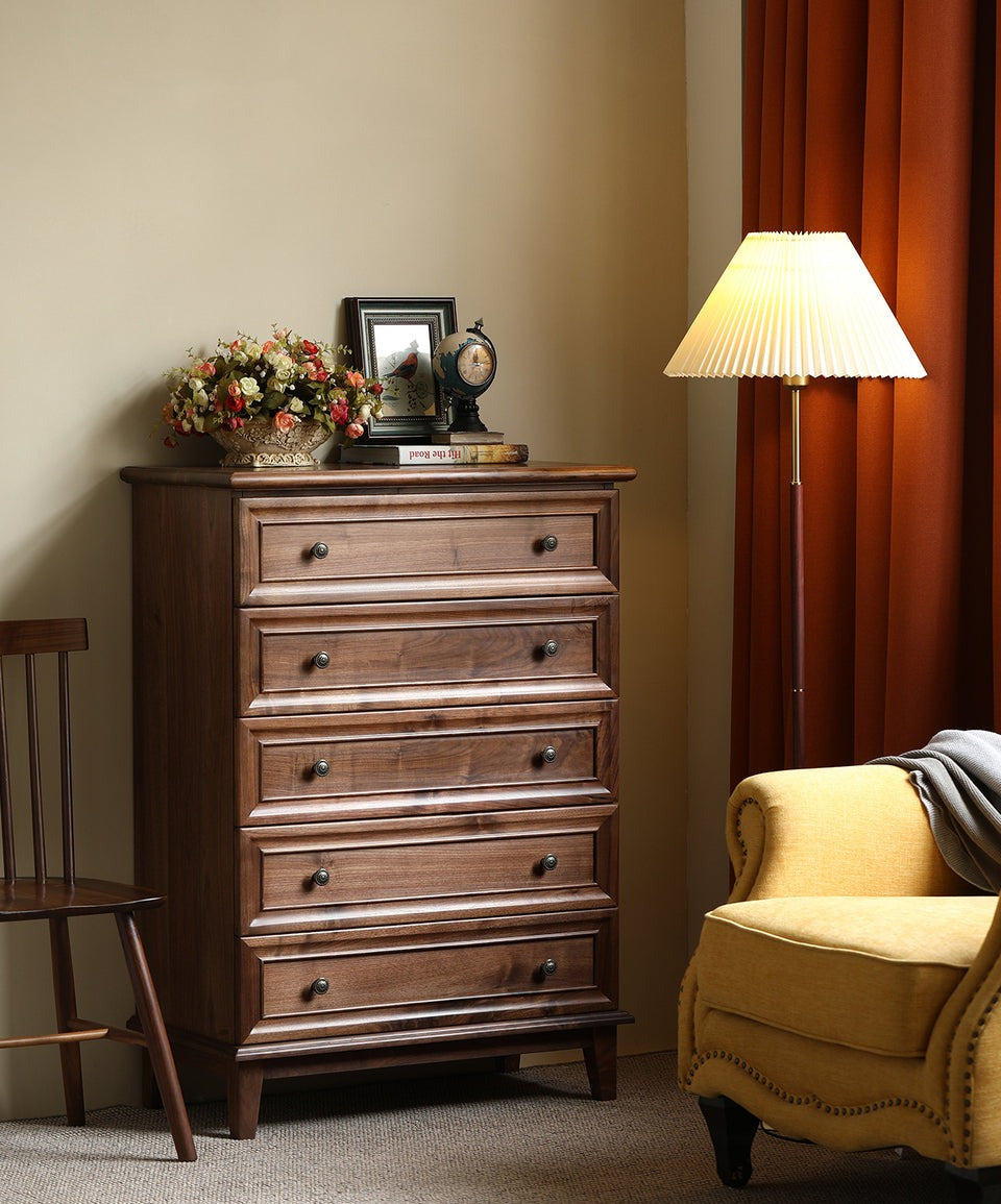 Acacia Wood 5-Drawer Dresser | Tall Chest | Solid Wood Bedroom Furniture | Dark Finish | J.L.HOME DECOR