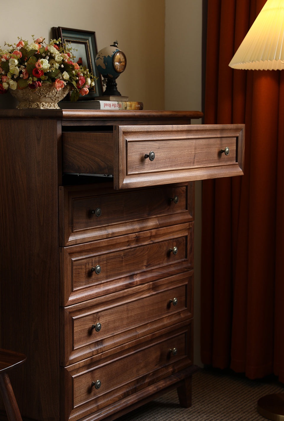 Acacia Wood 5-Drawer Dresser | Tall Chest | Solid Wood Bedroom Furniture | Dark Finish | J.L.HOME DECOR