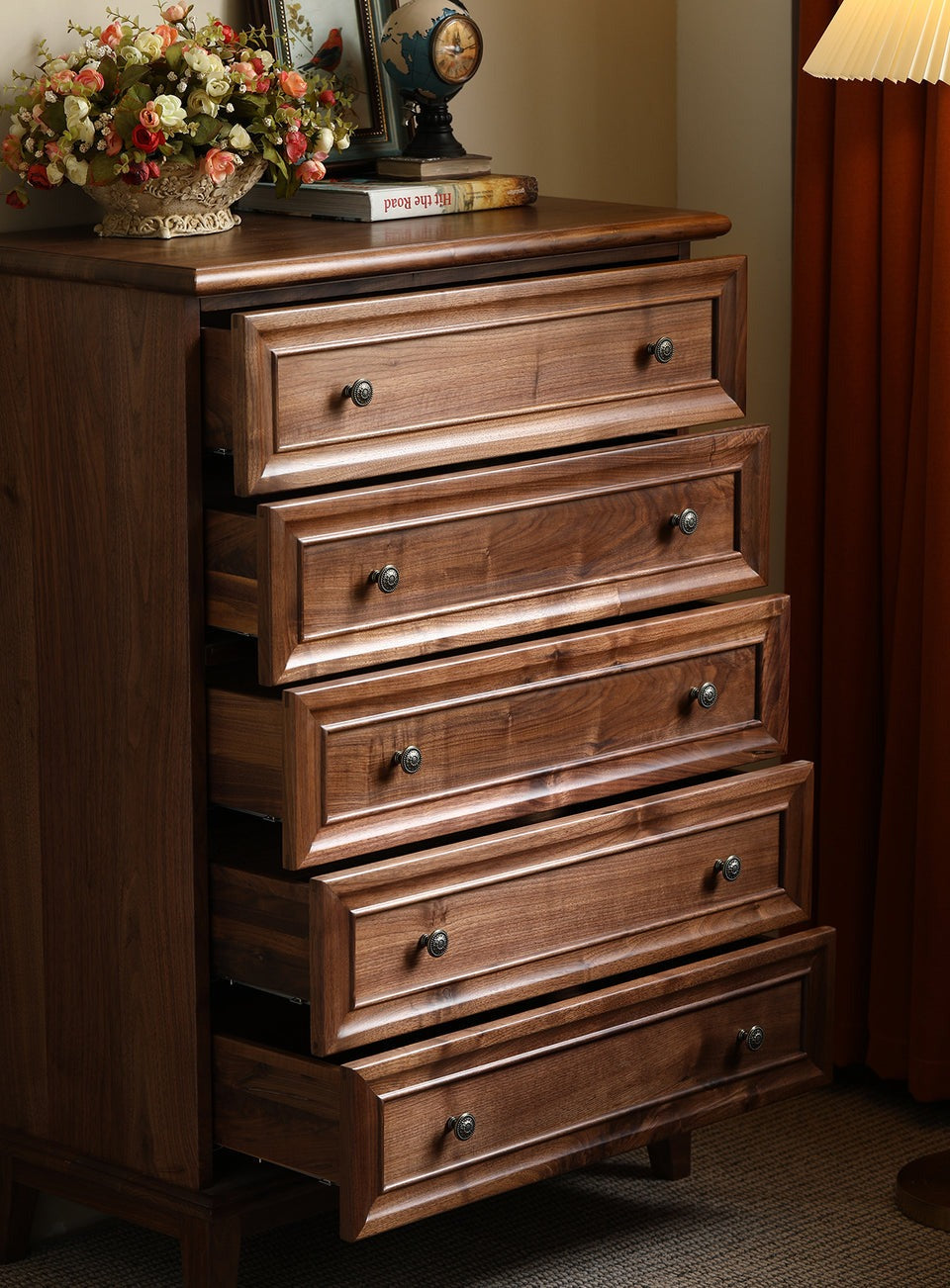 Acacia Wood 5-Drawer Dresser | Tall Chest | Solid Wood Bedroom Furniture | Dark Finish | J.L.HOME DECOR