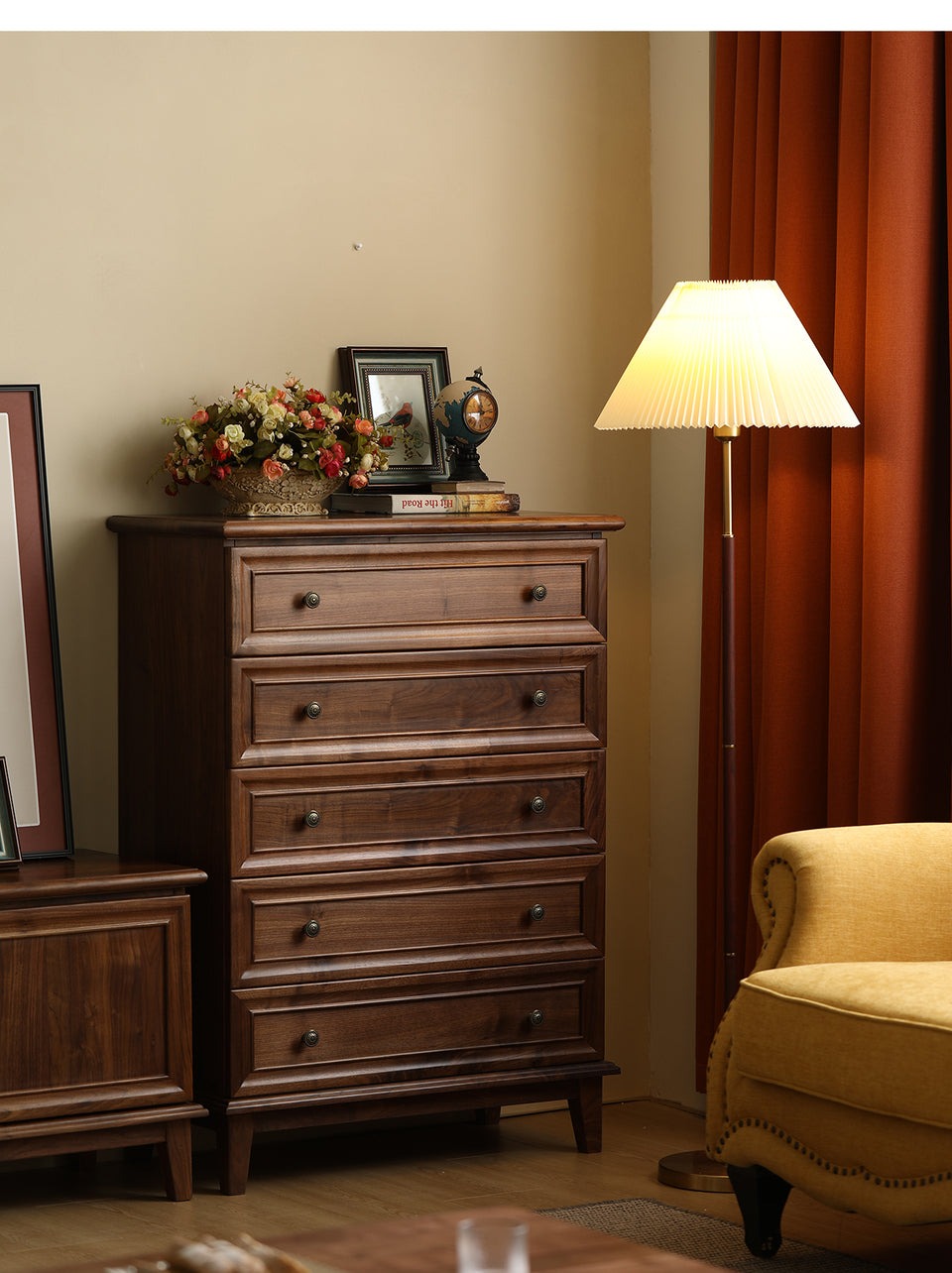 Acacia Wood 5-Drawer Dresser | Tall Chest | Solid Wood Bedroom Furniture | Dark Finish | J.L.HOME DECOR