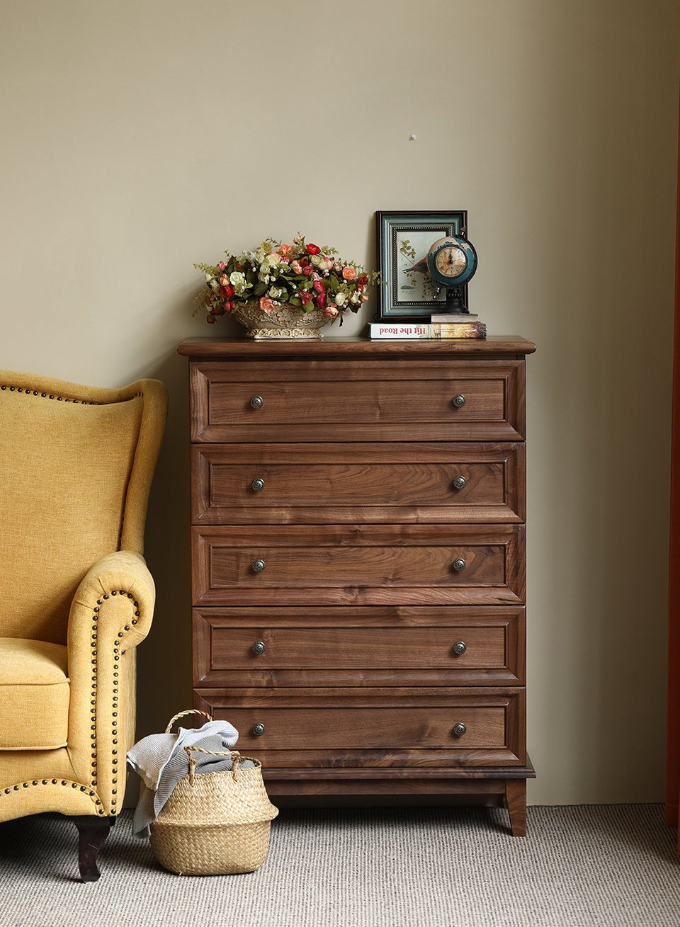 Acacia Wood 5-Drawer Dresser | Tall Chest | Solid Wood Bedroom Furniture | Dark Finish | J.L.HOME DECOR