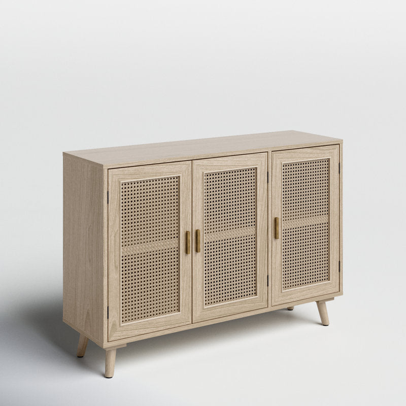 Natural Mango Wood & Rattan 3-Door Console Cabinet | Boho Chic Sideboard | Cane Storage Unit | J.L.HOME DECOR