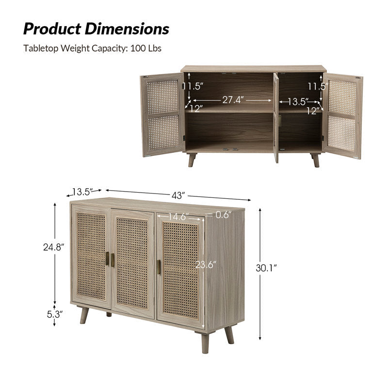 Natural Mango Wood & Rattan 3-Door Console Cabinet | Boho Chic Sideboard | Cane Storage Unit | J.L.HOME DECOR