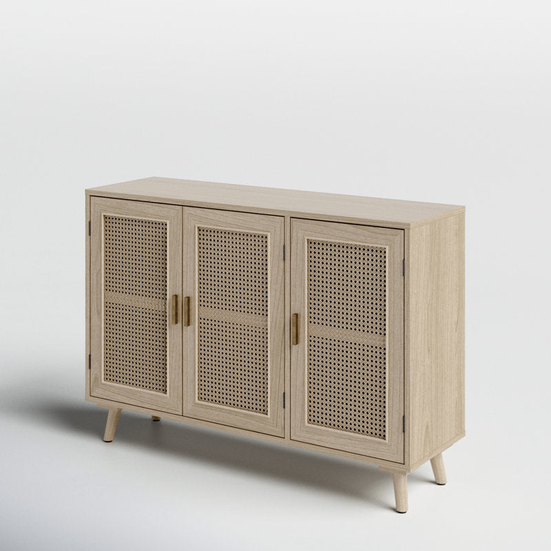 Natural Mango Wood & Rattan 3-Door Console Cabinet | Boho Chic Sideboard | Cane Storage Unit | J.L.HOME DECOR