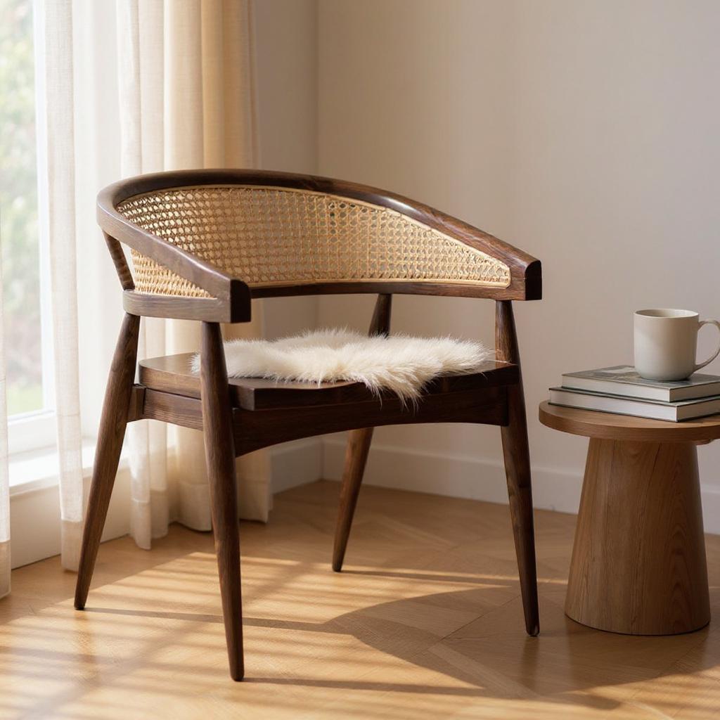 Luna Cane Armchair | Handcrafted Solid Wood Chair with Curved Cane Backrest | Natural Finish | J.L.HOME DECOR