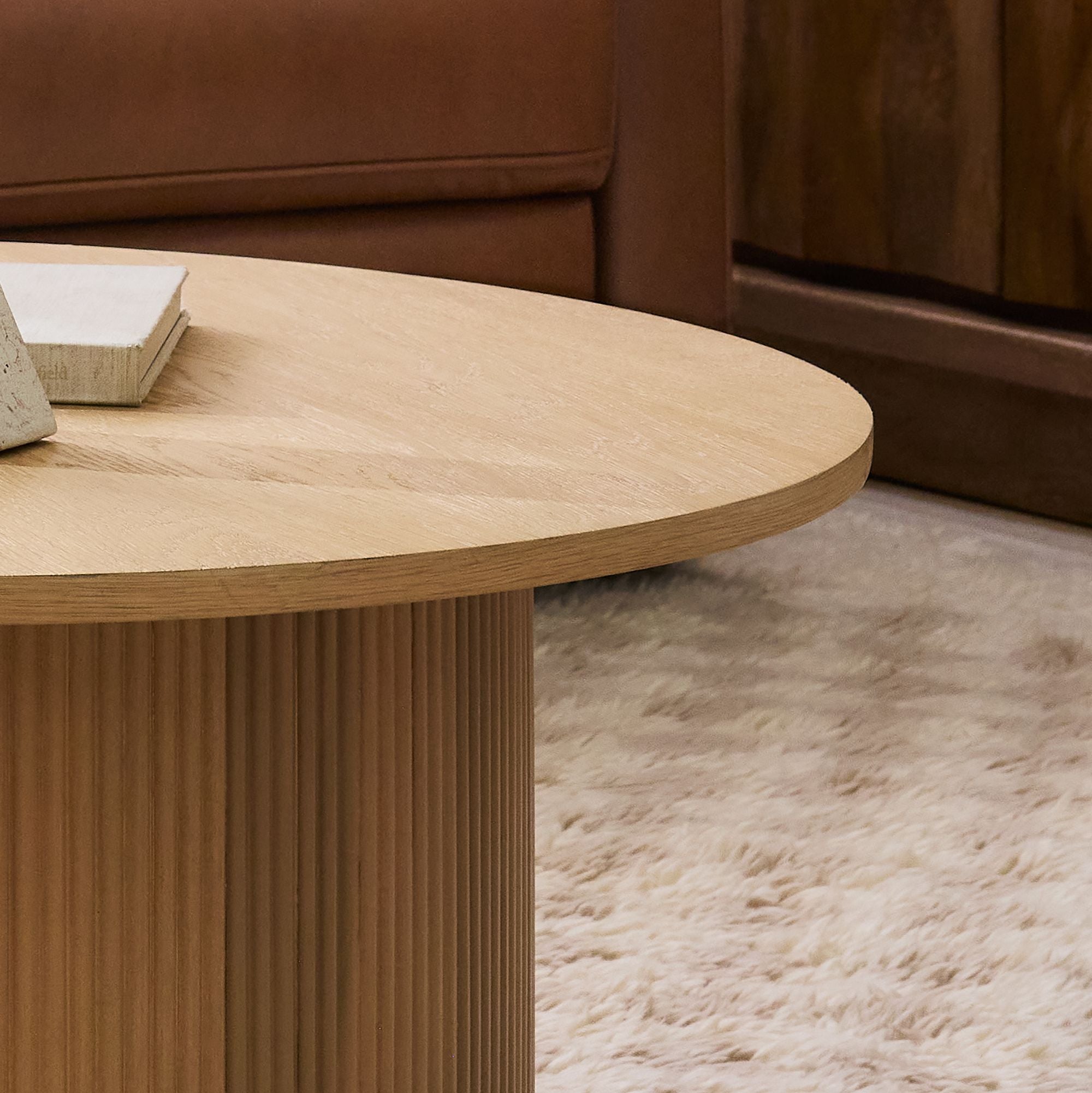 Round Ribbed Solid Wood Coffee Table | Modern Fluted Design | Natural Wood Living Room Centerpiece | J.L.HOME DECOR