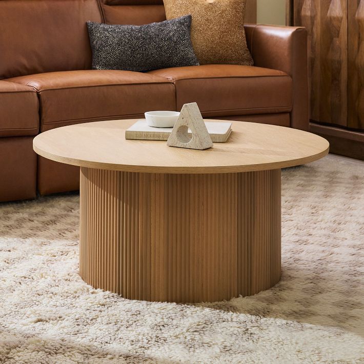 Round Ribbed Solid Wood Coffee Table | Modern Fluted Design | Natural Wood Living Room Centerpiece | J.L.HOME DECOR