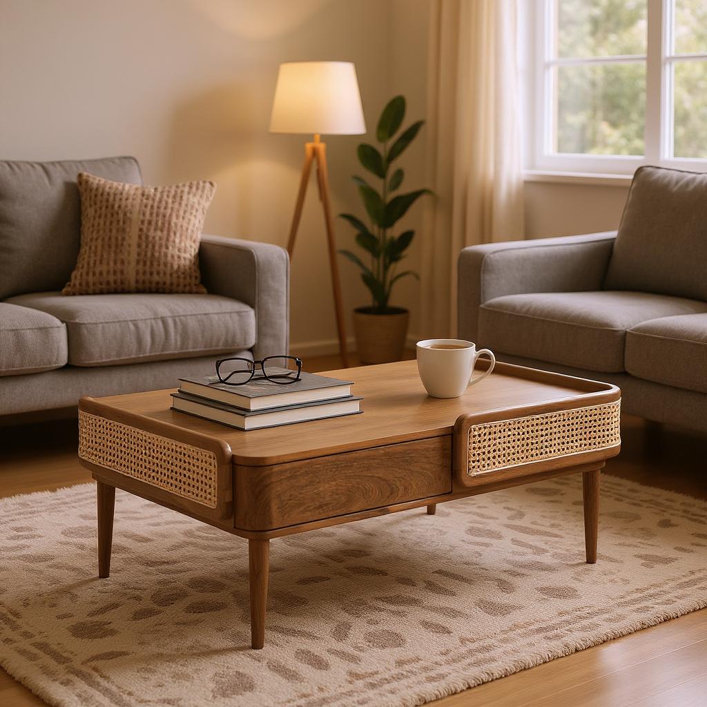Linea Coffee Table | Handcrafted Mango Wood & Cane Living Room Table | J.L.HOME DECOR