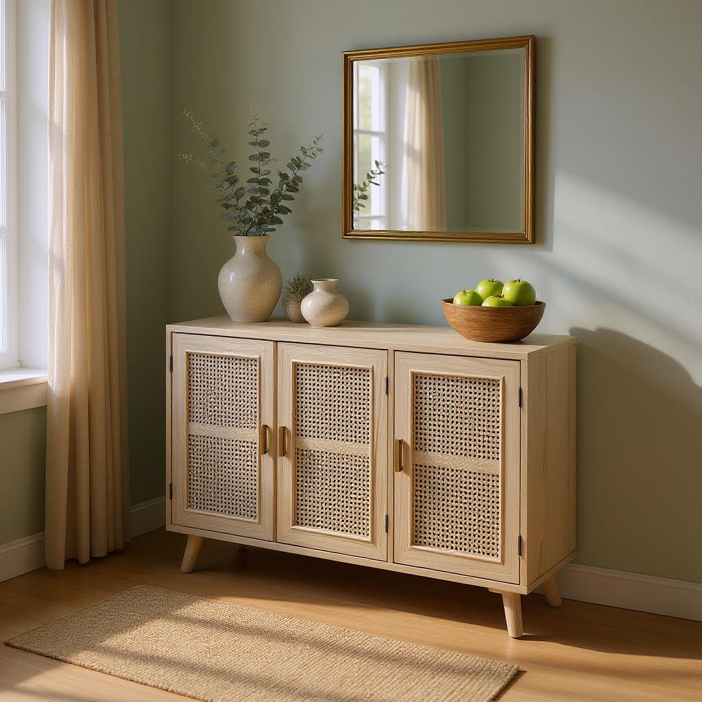 Natural Mango Wood & Rattan 3-Door Console Cabinet | Boho Chic Sideboard | Cane Storage Unit | J.L.HOME DECOR