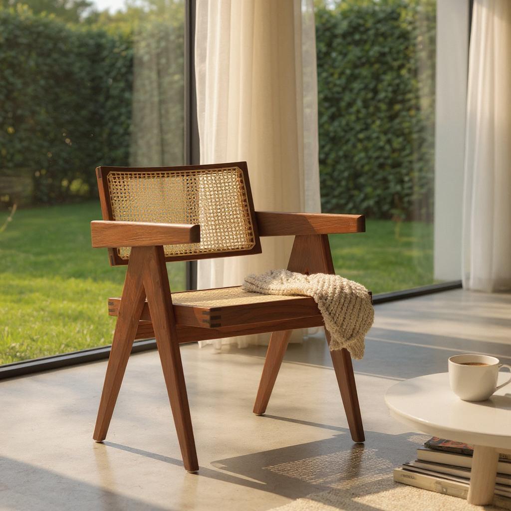 Dark Walnut Cane Rattan Dining Chair | Solid Mango Wood Handcrafted Armchair | Mid-Century Modern Seating | J.L.HOME DECOR