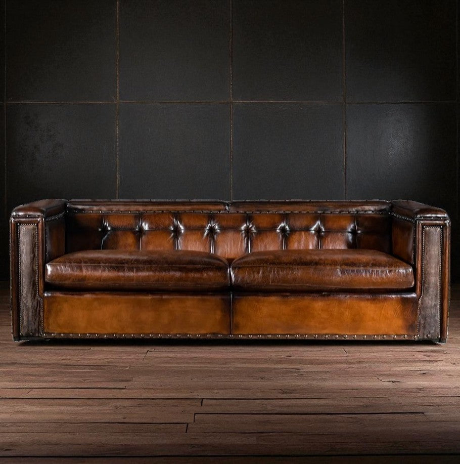 Artisan Vault Brown Leather 3-Seater Sofa – Handcrafted Heritage by J.L.HOME DECOR