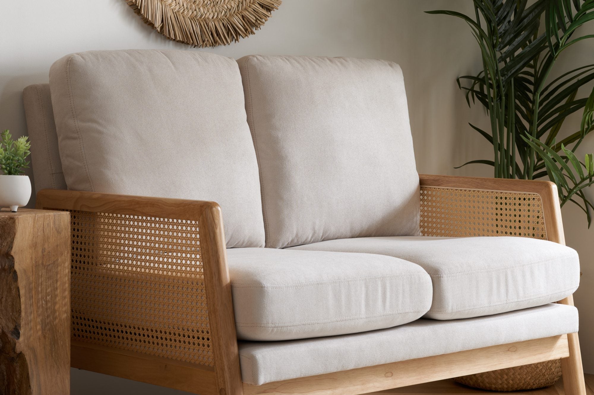 Solid Wood 2 Seater Rattan Loveseat with Cushions | Natural Finish Cane Sofa | Handcrafted Living Room Furniture | J.L.HOME DECOR