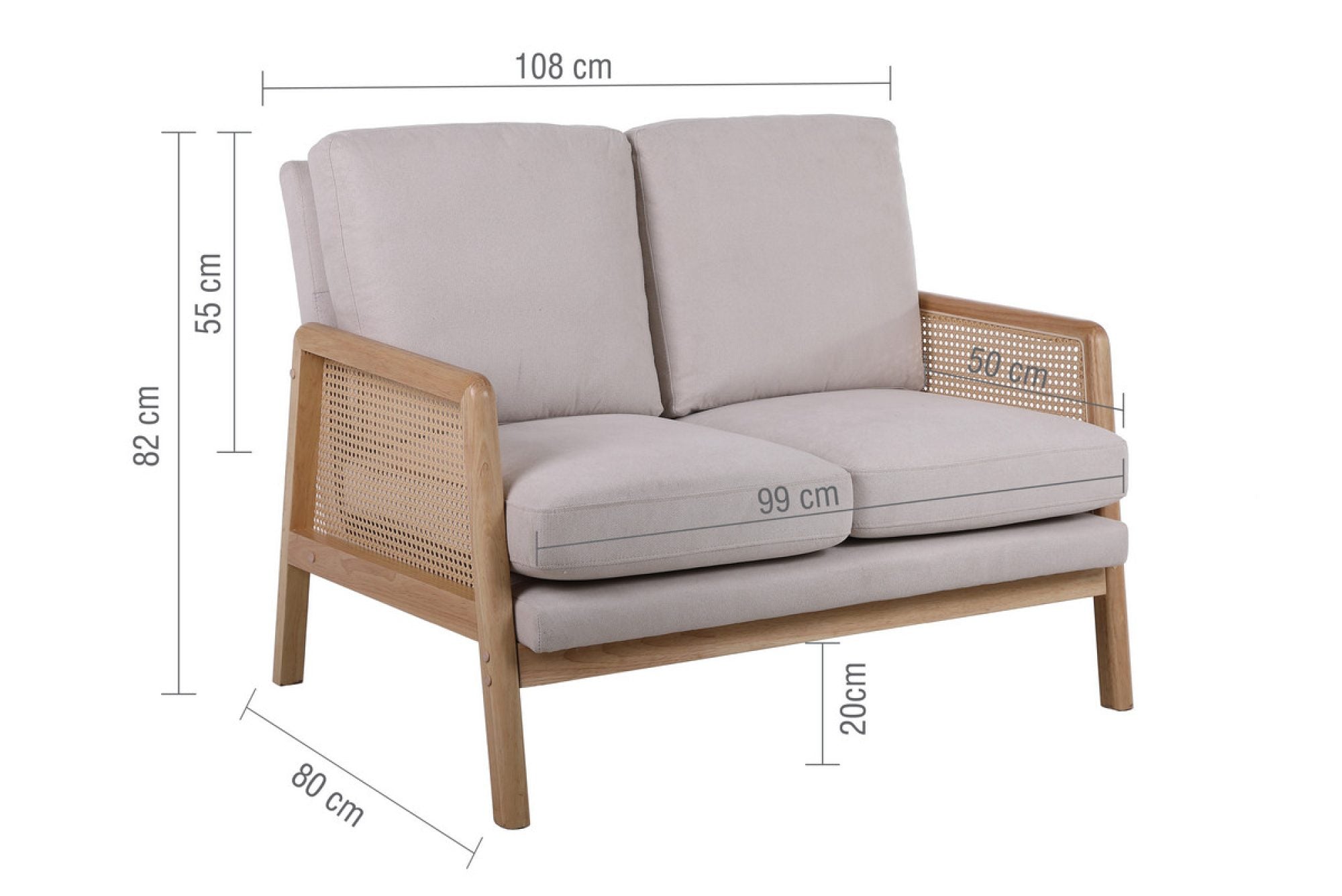 Solid Wood 2 Seater Rattan Loveseat with Cushions | Natural Finish Cane Sofa | Handcrafted Living Room Furniture | J.L.HOME DECOR