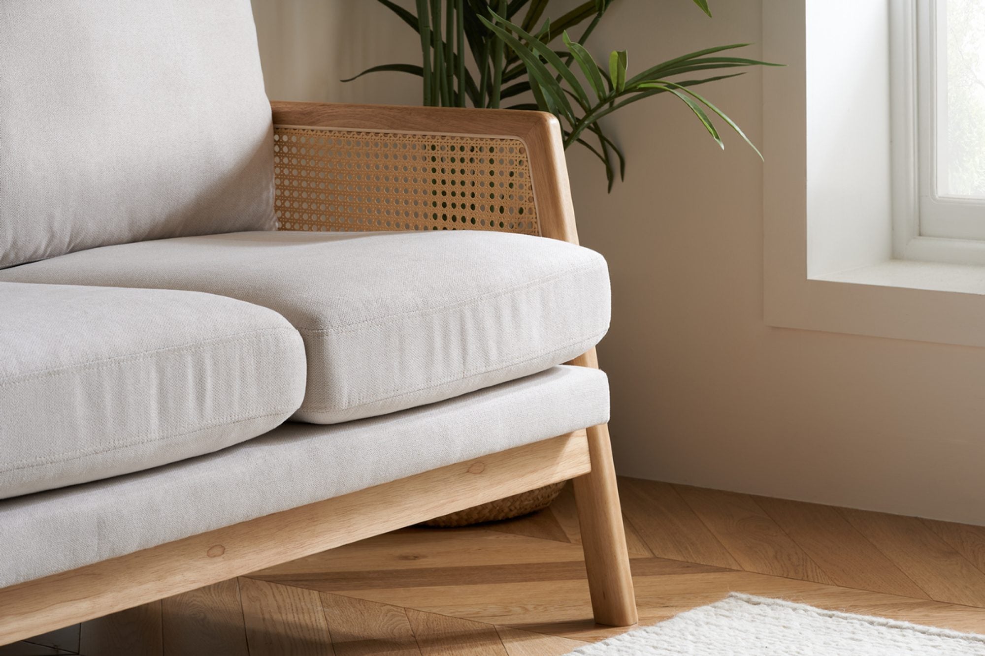 Solid Wood 2 Seater Rattan Loveseat with Cushions | Natural Finish Cane Sofa | Handcrafted Living Room Furniture | J.L.HOME DECOR