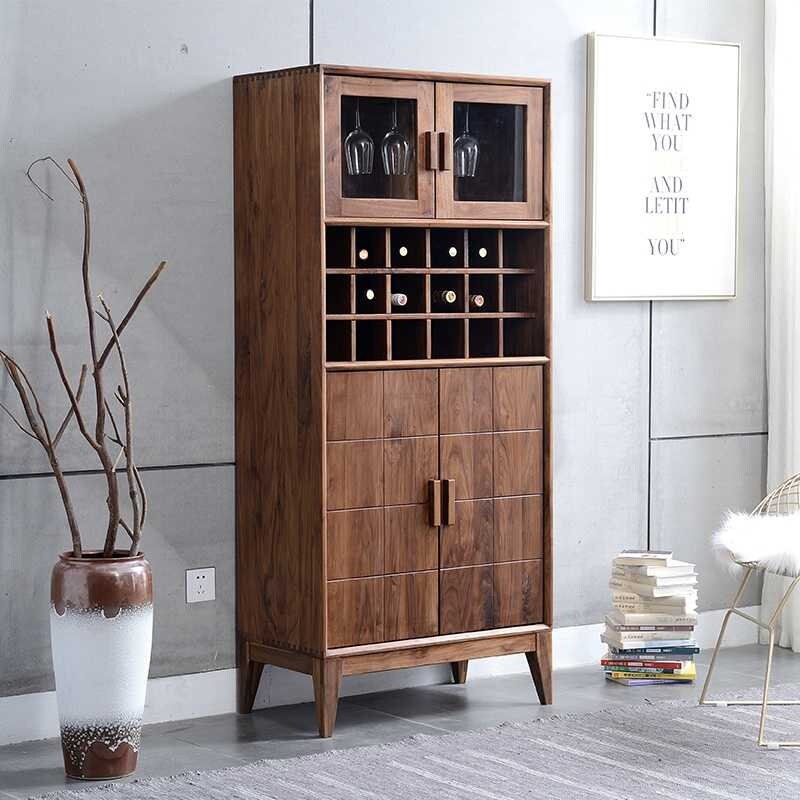 Modern Acacia Wood Display Cabinet | Tall Storage Unit with Glass Doors | Wine Rack & Bar Cabinet | J.L.HOME DECOR