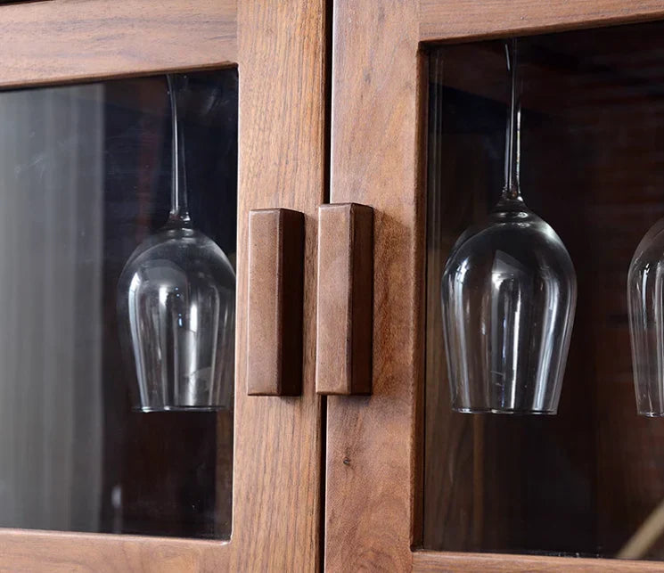 Modern Acacia Wood Display Cabinet | Tall Storage Unit with Glass Doors | Wine Rack & Bar Cabinet | J.L.HOME DECOR