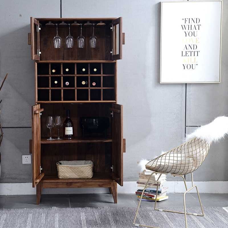 Modern Acacia Wood Display Cabinet | Tall Storage Unit with Glass Doors | Wine Rack & Bar Cabinet | J.L.HOME DECOR