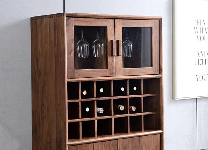 Modern Acacia Wood Display Cabinet | Tall Storage Unit with Glass Doors | Wine Rack & Bar Cabinet | J.L.HOME DECOR