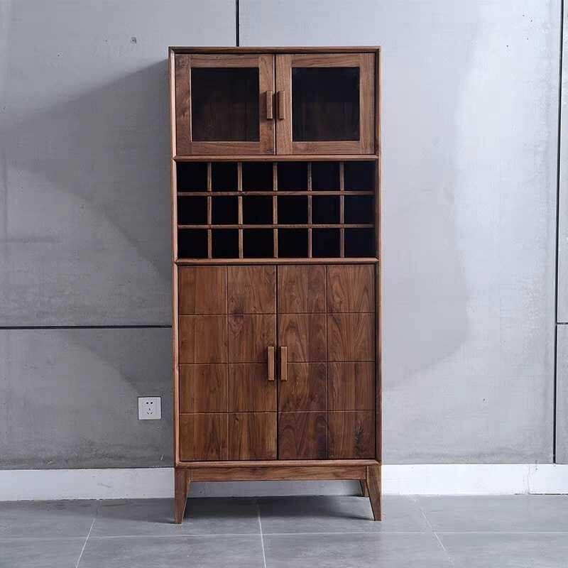 Modern Acacia Wood Display Cabinet | Tall Storage Unit with Glass Doors | Wine Rack & Bar Cabinet | J.L.HOME DECOR