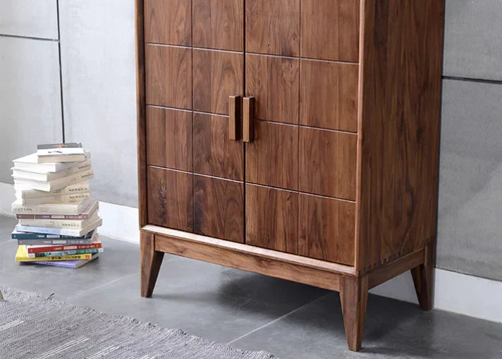 Modern Acacia Wood Display Cabinet | Tall Storage Unit with Glass Doors | Wine Rack & Bar Cabinet | J.L.HOME DECOR