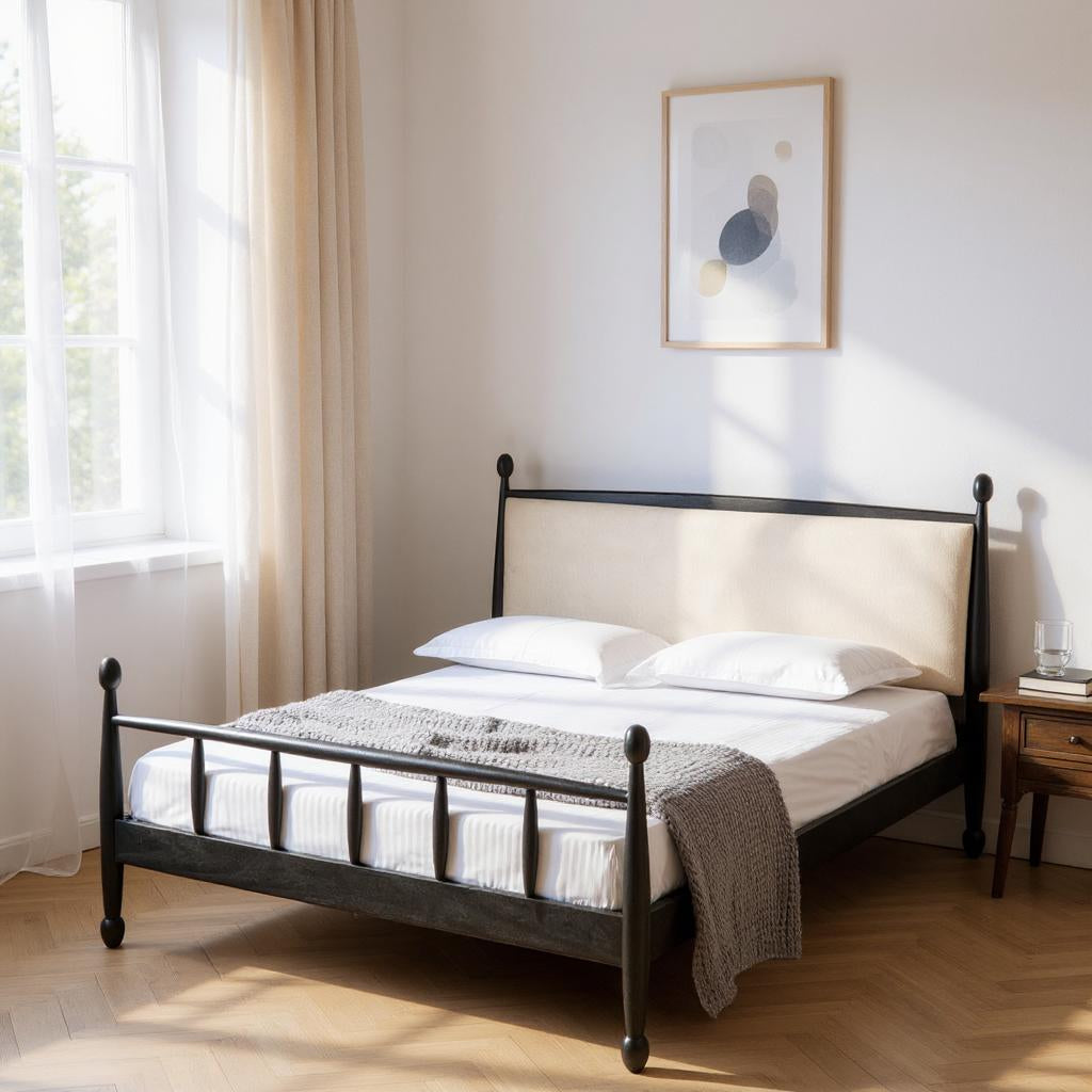 Echelon Spindle Bed | Handcrafted Mango Wood Bed with Upholstered Headboard | King & Queen Sizes | J.L.HOME DECOR