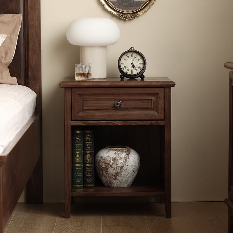 Modern Acacia Wood 1-Drawer Nightstand | Bedside Table with Open Shelf | Dark Wood Finish | J.L.HOME DECOR