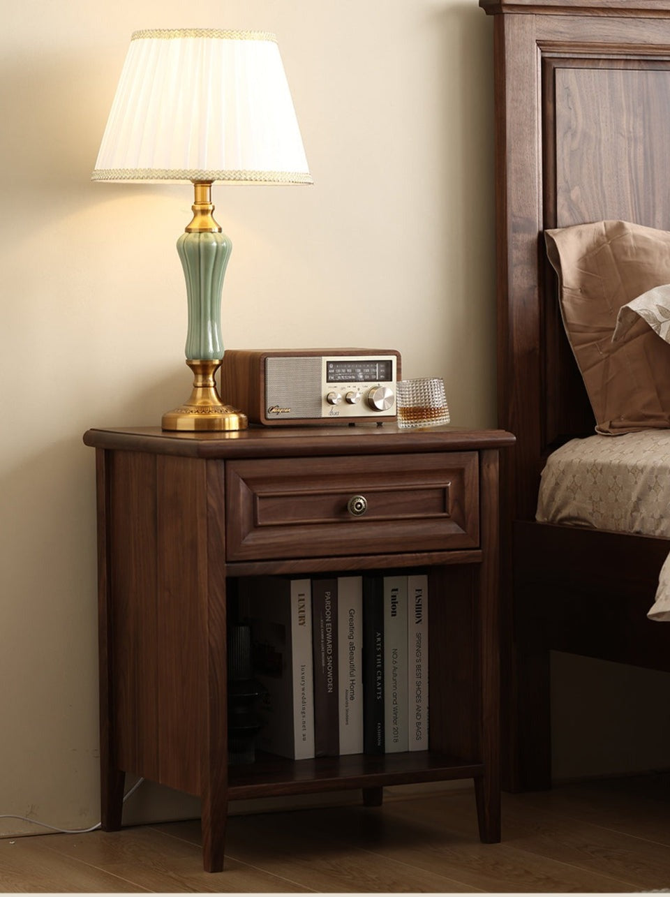 Modern Acacia Wood 1-Drawer Nightstand | Bedside Table with Open Shelf | Dark Wood Finish | J.L.HOME DECOR