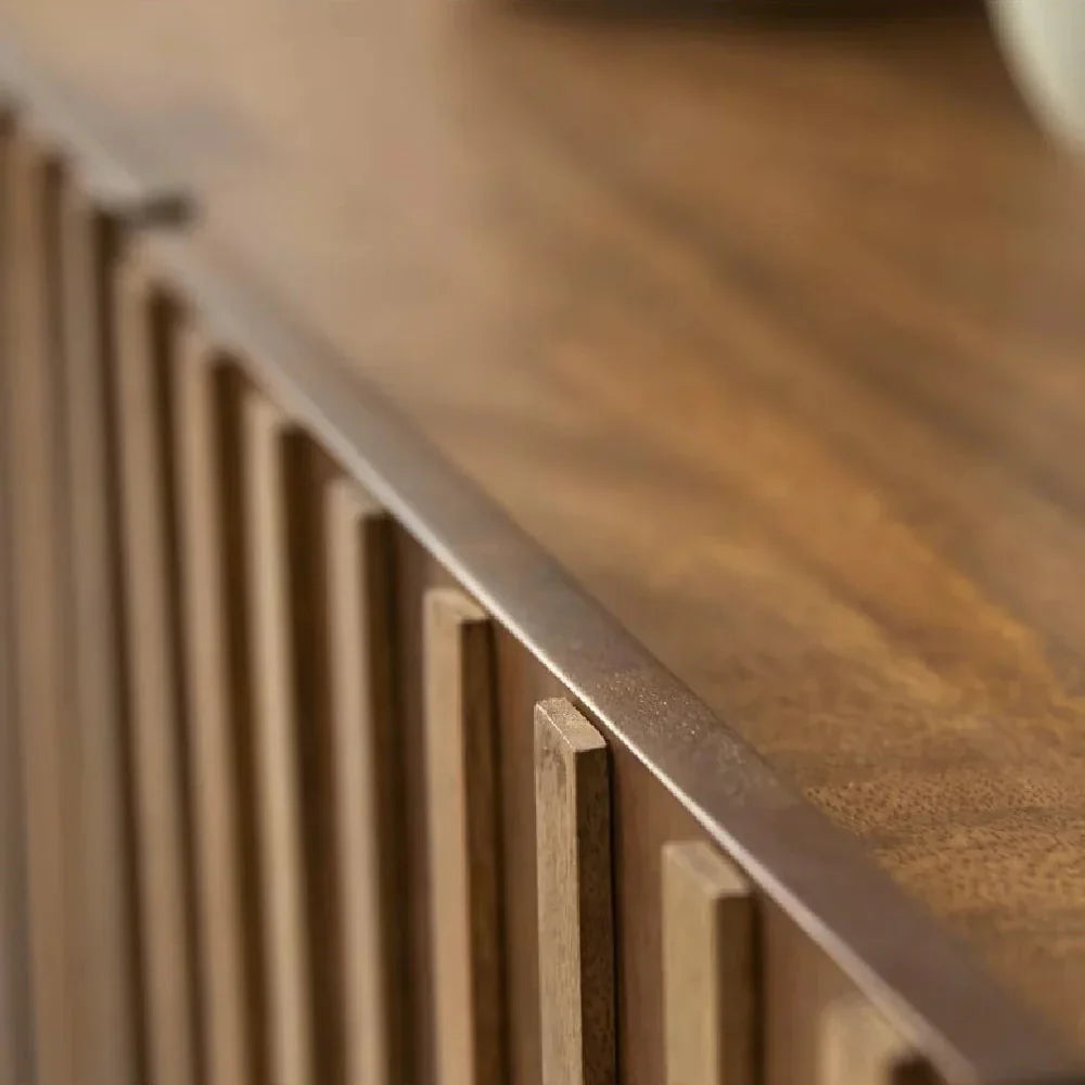Modern Fluted Mango Wood Living Room Cabinet | Natural Finish Storage Unit | Contemporary Media Console | J.L.HOME DECOR