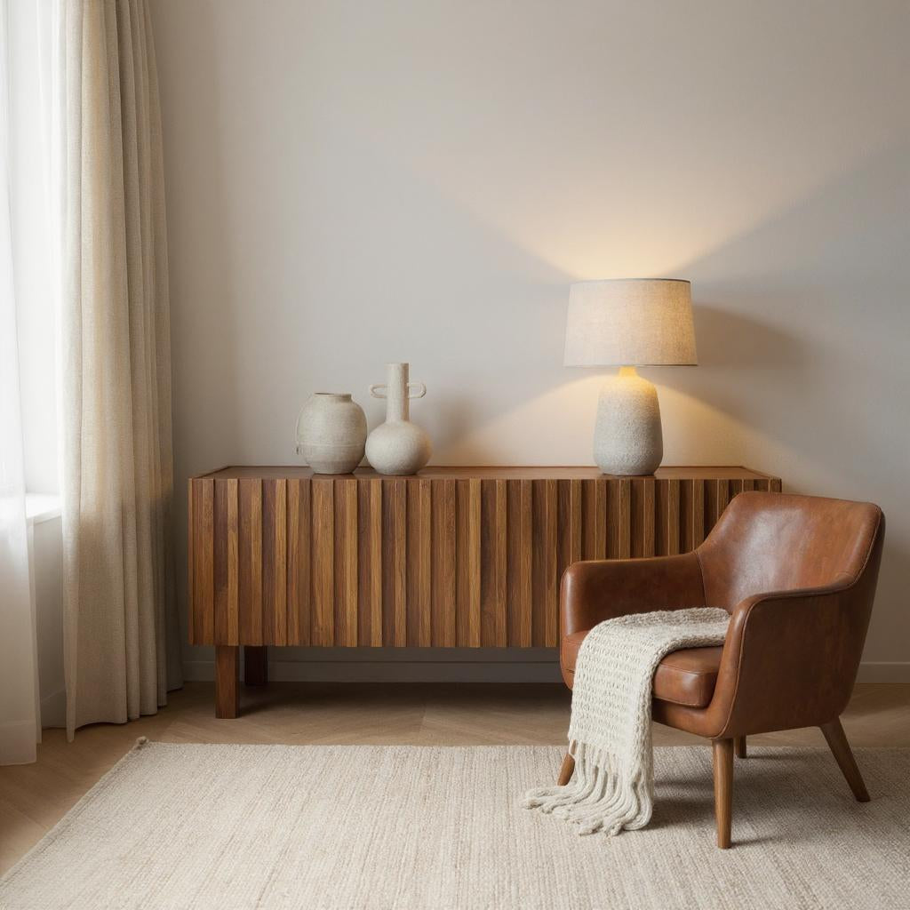Modern Fluted Mango Wood Living Room Cabinet | Natural Finish Storage Unit | Contemporary Media Console | J.L.HOME DECOR