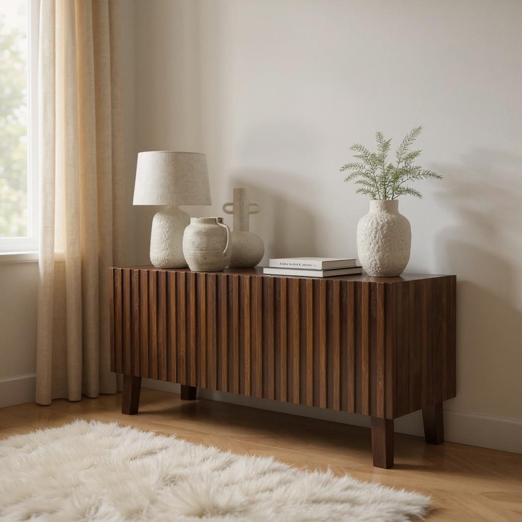 Modern Fluted Mango Wood Living Room Cabinet | Natural Finish Storage Unit | Contemporary Media Console | J.L.HOME DECOR